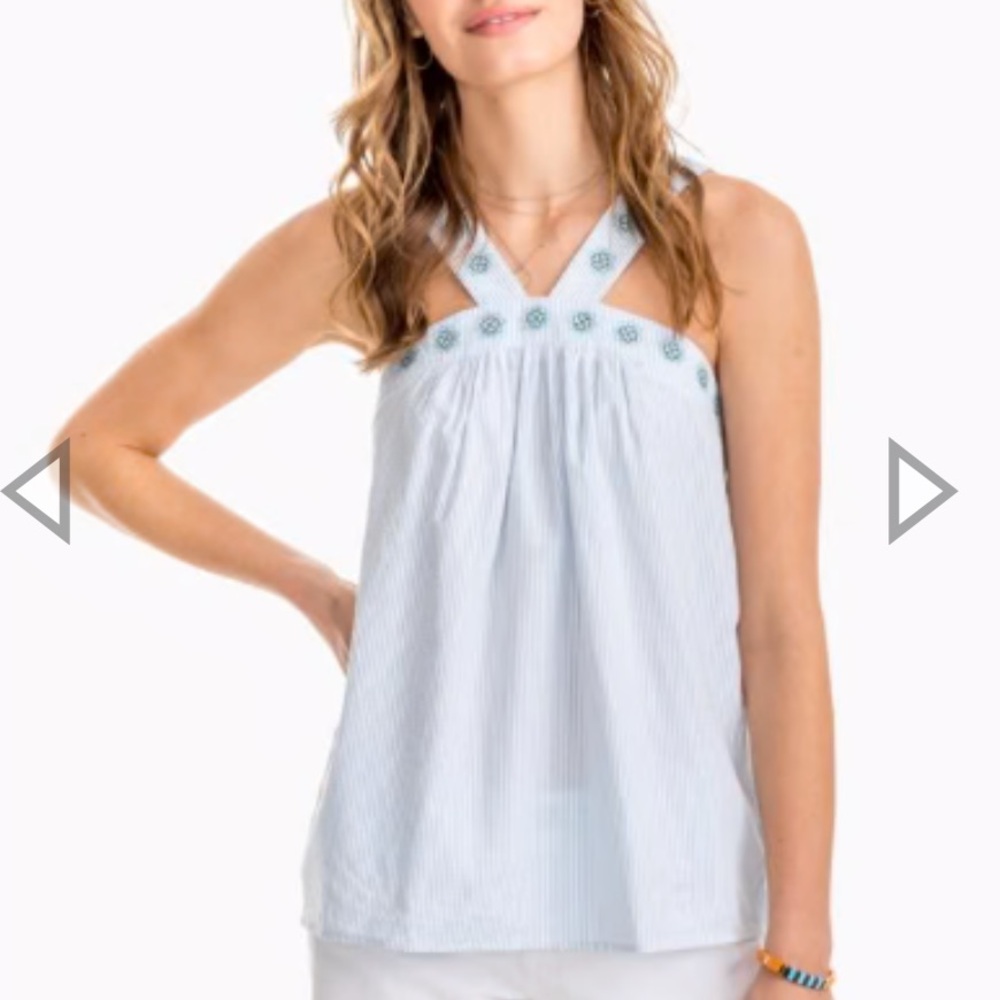 NWT Southern Tide Clara Embroidered Seersucker Tank Boat Blue Size XL